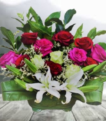 Rose and Lily Flower Basket - Mix Assorted Color Flowers